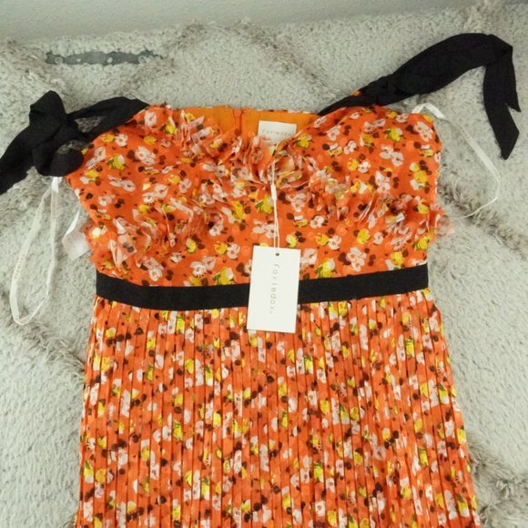 Anthropologie Foxiedox Floral Pleated Dress Womens Medium Orange NEW - Picture 3 of 10